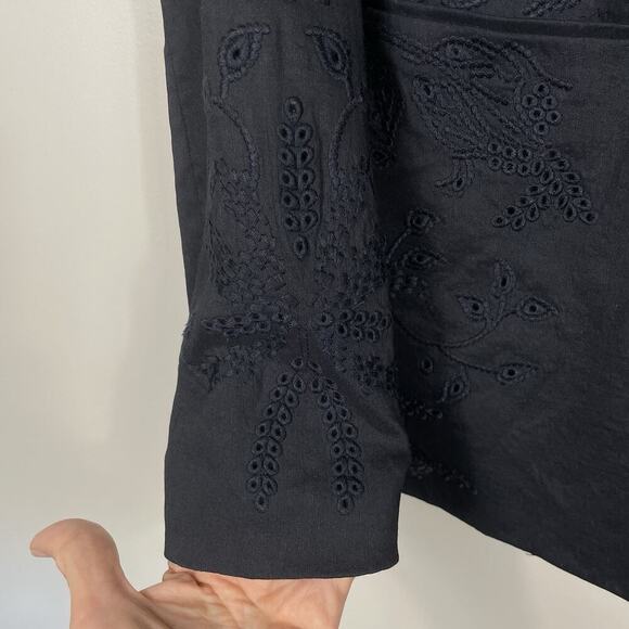 Elie Tahari Linen Blend Blazer Jacket Size 4 Navy Embroidered Eyelet Career Boho - Picture 6 of 11